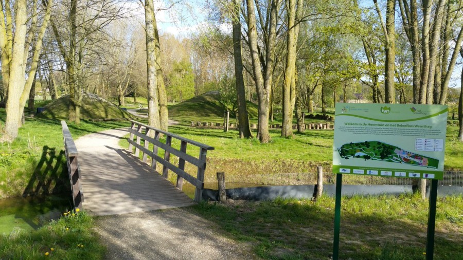 Een foto van een bruggetje over een sloot met daarachter het Weusthag Beleefbos